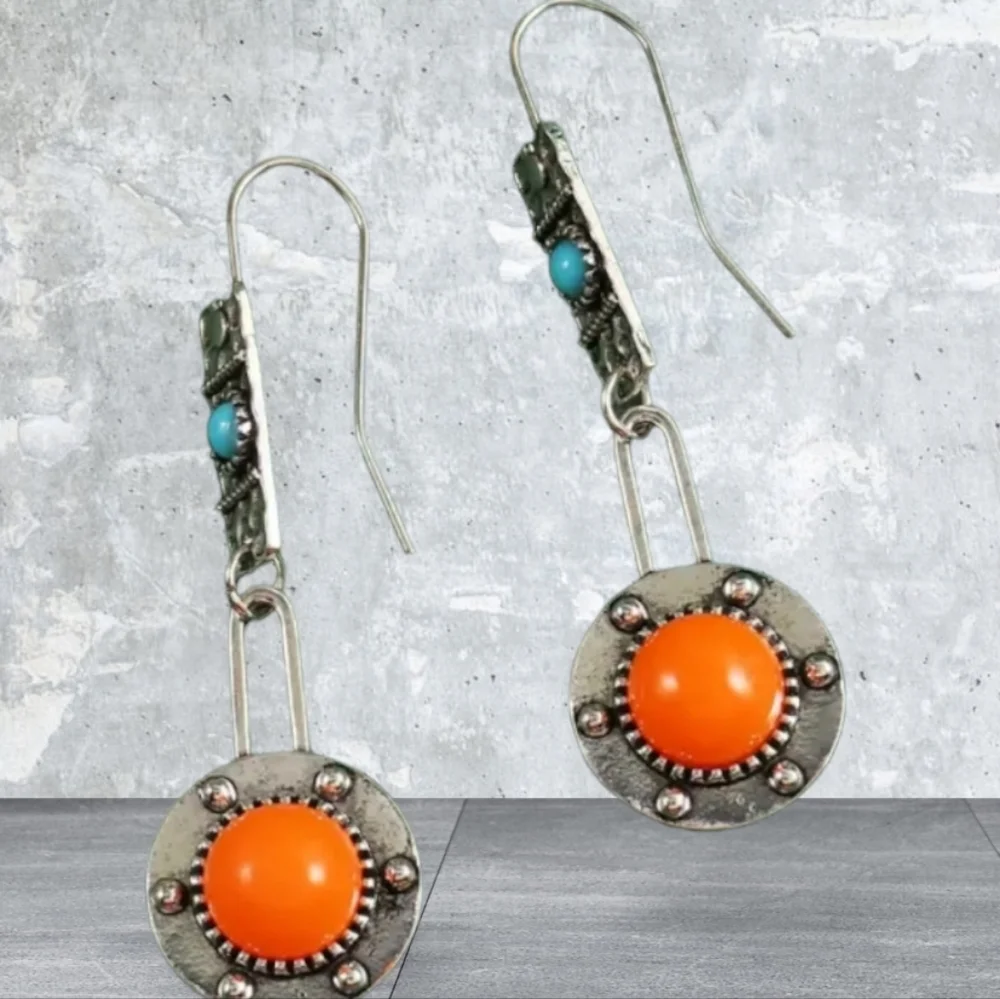 Bohemian Coral Color Drop Earrings Zinc. Vintage Hook Earrings. - Picture 6 of 7